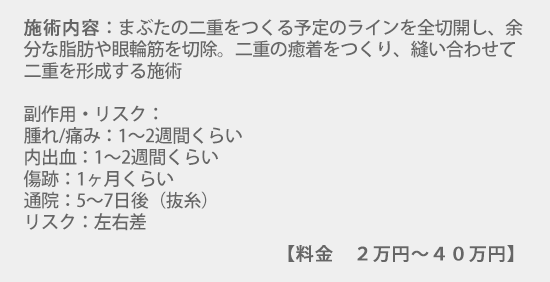 施術内容:まぶたの二重をつくる予定のラインを全切開し、余分な脂肪や眼輪筋を切除。二重の癒着をつくり、縫い合わせて二重を形成する施術